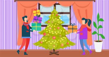 People at Christmas at home, man and woman standing with gifts beside evergreen tree decorated with garland and bells with candies vector illustration