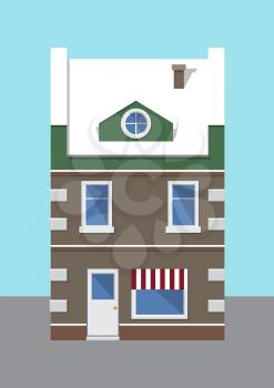Building covered with snow, traditional vision of house with big windows, chimney and entrance, street and sky, isolated on vector illustration