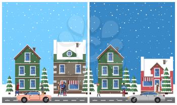 Winter in city placards set with snowy weather and falling snowflakes, people walking peacefully, buildings and cars, isolated on vector illustration