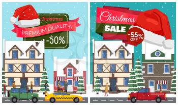 Christmas sale set of posters with stickers and hat of Santa Claus, buildings and riding cars, walking people and trees, vector illustration