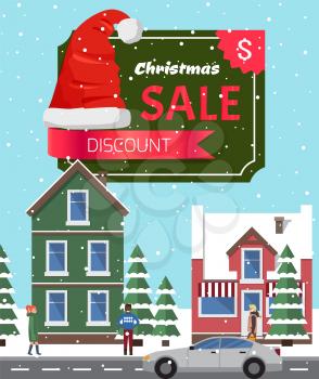 Christmas sale off, poster with headline, buildings with windows, trees covered with snow, walking people and cars, vector illustration