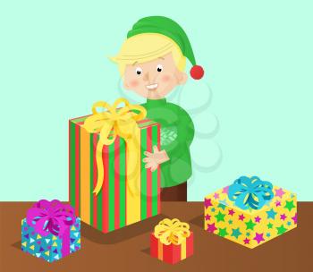 Boy and presents standing on table, gifts decorated with bows and wrapping with geometric and star patterns, isolated on vector illustration