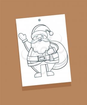 Santa Claus sketch, colorless picture of winter character with bag on shoulders, presents for kids and happy expression on face vector illustration