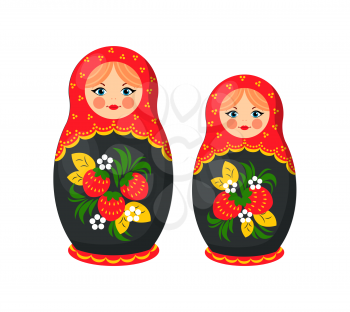 Russian doll toys from Santa Claus factory, ethic gift for children at Christmas celebration, vector illustration isolated on white background