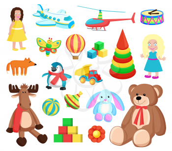 Playthings at factory of Santa Claus, set of icons of barbies, reindeer and teddy bear, balls and cubes, flower and butterfly vector illustration