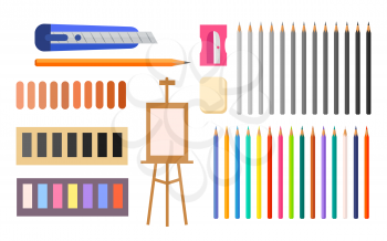 Art supplies vector illustration with icons of easel, colorful and colorlrss pencils, various paints and other tools and instruments for painting