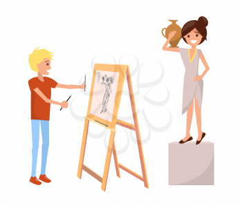 Boy drawing still life picture of woman with vase on easel by pains vector illustration isolated on white. Girl creating sketch with female posing
