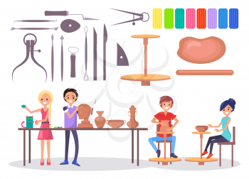 Happy young potter at work along with blonde girl and collection of various tools and instruments isolated vector illustration on white