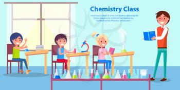 Cheerful atmosphere in chemistry class vector colorful poster in graphic design of smiling teacher explaining topic with book in hands