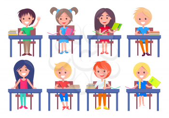 Set of schoolchildren sitting at desks isolated on white background. Smiling boys and girls ready to answer on questions vector illustrations
