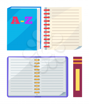 ABC book or copybook and spiral notebook with bookend vector illustration icons isolated on white background. Paper for writing in flat style