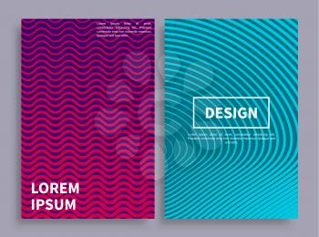 Design covers collection, text sample and letterings, curved and wavy lines, stripes, colorful pages, vector illustration isolated on grey background