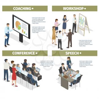 Coaching new businesspeople, workshop from successful entrepreneurs, conference to share experience and make motivating speech vector illustration.