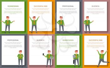 Success and business related collection of posters with colorful backgrounds and text on white rectangles. Vector illustration of smiling men posing