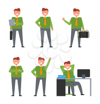 Collection of icons depicting smiling businessman wearing green sweater and grey trousers. Isolated vector illustration of successful man working