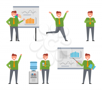 Cheerful businessman busy at work set of icons on white background. Isolated vector illustration of neatly-dressed male giving presentation and posing