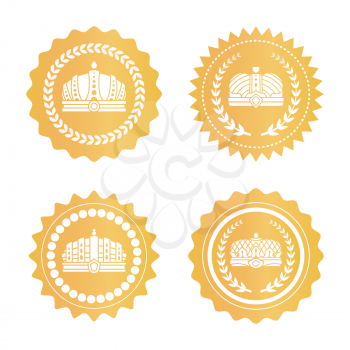 Royal golden stamps with luxurious crowns, laurel wreaths and wavy edges. Crown on golden stamps of approval and warranty vector illustrations set.