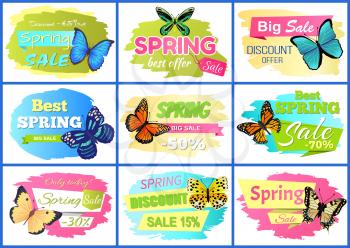 Best spring sale posters set, collection of banners with butterflies and headlines, discount offer and sale vector illustration isolated on white