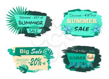 Summer sale collection poster with titles and leaves of different types, summer discount and sale, vector illustration isolated on white background