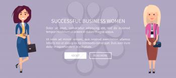 Successful business women online poster with two pretty businesswoman with blonde and brunette hair and web buttons about read more landing page