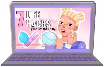 Beautiful girl blogger recording movie about everyday make up, video blog about beauty for social networks. Girl doing make-up tutorial for internet users. Video player interface with life hacks
