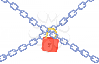 Lock with chain isolated vector illustration. Concept of protection. Security design, private territory symbol, stop sign. Warning and safety equipment protects against penetration of strangers