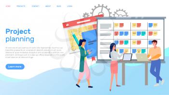 Project planning, time management flat vector concept. People cooperating to deal with new startup company employees working with laptops. Website for busines project creation landing page template