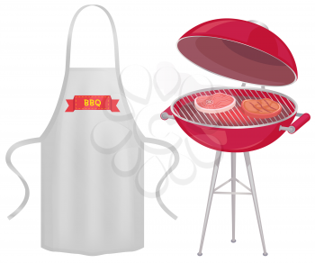 Protective garment for cooking. Safety clothing for barbecue cookery. Apparel for grilling food. Apron with barbecue restaurant logo next to grill with meat. Apron for cooking grilled dishes