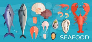 Food set, seafood, dish ingredients. Fish restaurant menu assortment. Tuna, lobster, oyster, mussels, shrimps on blue background. Fish products, seafood recipe ingredients vector illustration