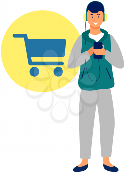 Mobile shopping concept. Young man buy things in online store communicates with manager using application. Shopping on social networks through phone flat design style. Online shopping with smartphone