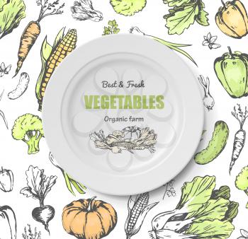White plate with organic farm logo. Cooking organic food with natural ingredients. Round plate with inscription on background with vegetables. Dish for restaurant, kitchen utensil or dishware
