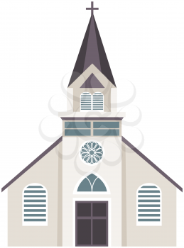 Old Catholic Church isolated on white background. Cartoon vector classic cathedral illustration. Religious building in style of ancient architecture, traditional prayer house with cross on roof
