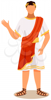 Man dressed as roman emperor wearing white tunic draped with red cape golden laurel wreath head of european country. Man in traditional clothes of ancient rome vector illustration on white background