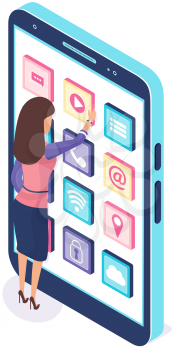 Development of mobile application, program for smartphone concept. Woman standing near phone with application icons on screen. Girl works with software development, apps for electonic devices