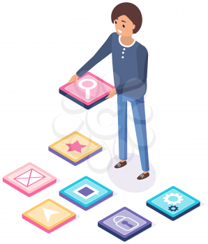 Man stands next to icons of mobile applications for smartphone. Guy holds search program icon. Programming, software development, apps for electonic devices concept. Convenient phone programs
