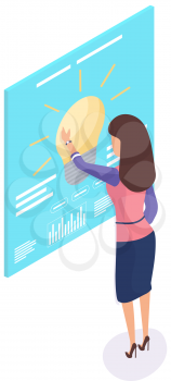 Idea symbol in form of lightbulb on poster. Workflow to create business idea. Employee near invention light bulb as sign of new project development. Woman working with new idea startup planning