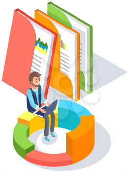 Businessman analyzes statistical indicators, data analysis. Man studies infographics and project financing. Business analytics data accounting. Employee sitting on chart studies documents with report