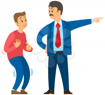 Angry boss shouting to employee. Conflict in office between chief and worker, stressed subordinate. Director scolds scared worker because of mistake, problems at work, fires, kicks him out of work