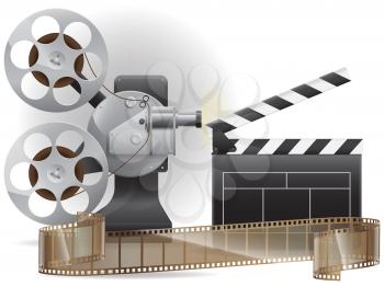 Set icons cinematography cinema and movie vector illustration isolated on white background. Movie spotlight, camera and film clapper board, film strip. Film production equipment for shooting
