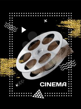 Cinema poster movie and photography film strip wound on bobbin, vector flat element in vintage style. Cinema strip isolated icon with recorded film on tape, cinematography retro photo roll with frames