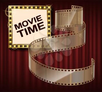 Movie time banner with cinema movie and photography 35 mm film strip near red curtain template in vintage style. Cinema strip icon with recorded film on tape, cinematography retro photo roll poster