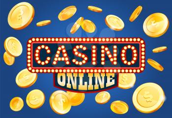 Online casino gambling poster. Money coins winner success concept. Slot machine game prize. Golden signboard with flying dollar coins wins jackpot. Big win. Luck game banner for poker or roulette