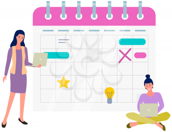 Business activity planning, time management flat vector concept Businesswomen, female office workers, company employees working with laptops, making tasks and appointment reminders in calendar
