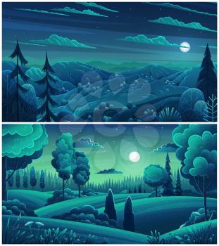 Night in forest, vector cartoon illustration. Hills and tall trees, pine forest on horizon lush bushes, clouds in starry sky. Beautiful nighttime landscape. Green plant and grass rural land background