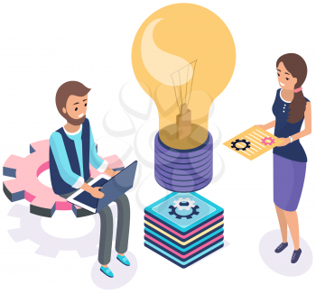 Workflow to create business idea. Teamwork on project and analysis of internet data. Employees near invention light bulb as sign of new project development. People discussing new idea startup planning