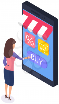 Online shopping app with woman push buy button from smartphone shop. App for purchasing goods in store via Internet. Online shopping application on phone screen. Girl makes purchase in Internet