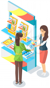 Woman buys books in bookstore. Businesswoman distributes advertising brochures at exhibition. Woman works and shows literature in institution. Buyer stands near stand with printing products at fair
