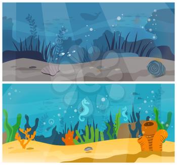 Ocean nature banners set with sand, fish, corals, sea inhabitants, stones, seashells, seahorse and algae. Sea dweller deep at bottom. Wild nature of world ocean. Underwater life of sea creatures