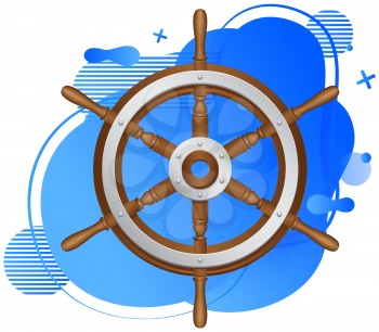 Sea adventures and tourism object. Wooden and metal steering wheel for setting right direction of ship isolated on white background. Nautical cruise and sea travelling. Rudder for boat control