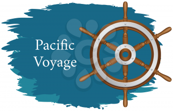 Sea adventures and tourism poster. Pacific voyage and sea travelling advertising placard with attribute of water travel ship captain s steering wheel under water on blue background with marine life
